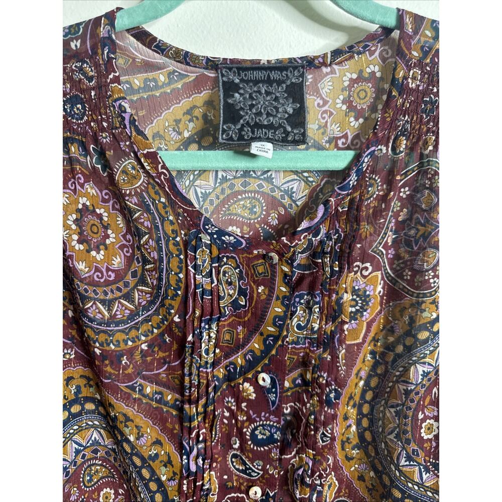 Johnny Was Epsilon Paisley Peasant Top Sheer Shimmer Button Up Boho Women’s 1x - Picture 4 of 7